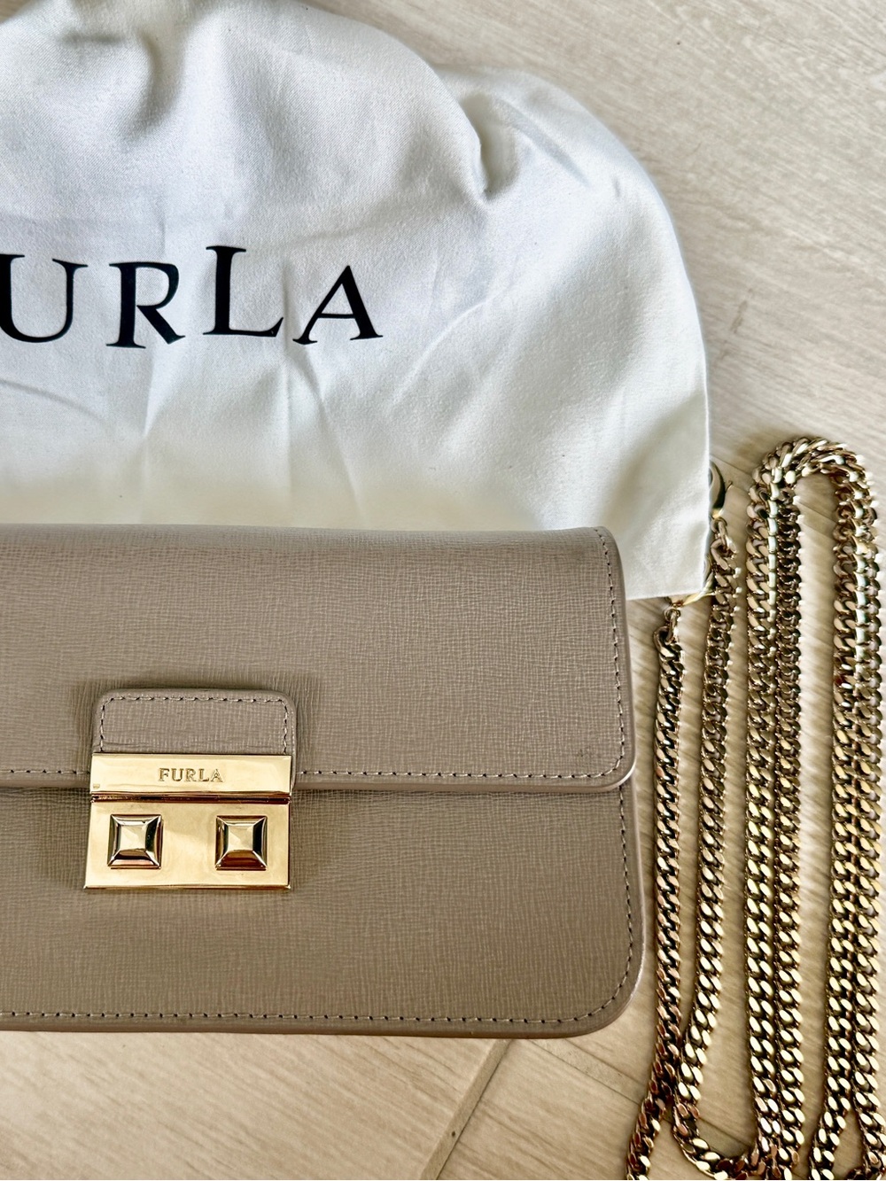 FURLA Taupe Leather Crossbody with Gold Chain